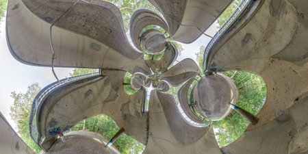 Abandoned bridge in the park. Mathematical warp.