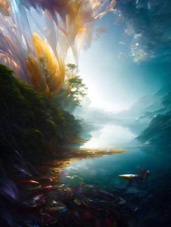 Fantasy landscape with sea and sky. 3d render illustration.の素材