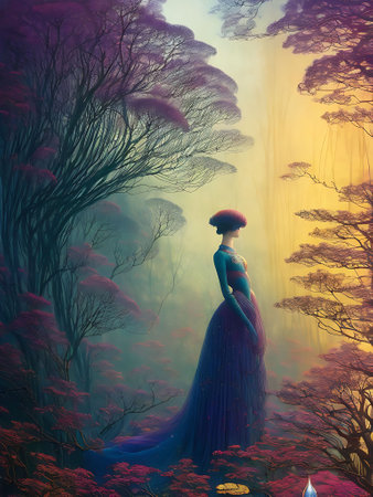 Fantasy illustration of a beautiful woman in a long dress in a fantasy forest.の素材