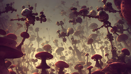 Fantasy landscape with mushrooms. 3d illustration. Vintage style.の素材