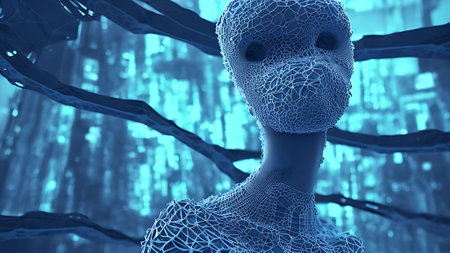 3d rendering of human face in abstract technology concept with blue backgroundの素材