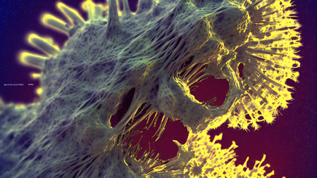 3D illustration of a virus cells in colour background. 3D renderingの素材