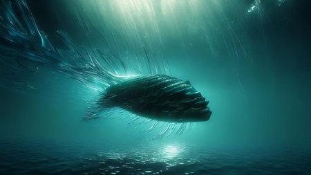 Underwater view of a fish swimming in the ocean. 3d renderの素材