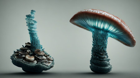 3d illustration of two poisonous mushrooms, agaric and toadstoolの素材