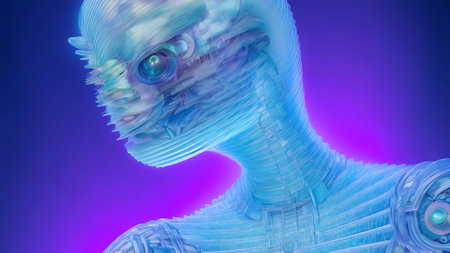 3D rendering of an artificial intelligence robot isolated on a purple backgroundの素材