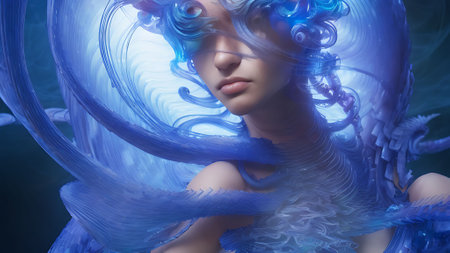 3D Illustration of a Fantasy Woman with Blue Curved Hairの素材