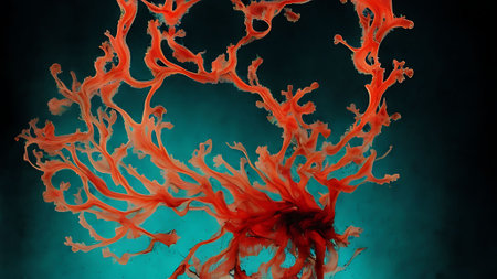 Abstract red ink splash in water on a black background. 3d renderingの素材