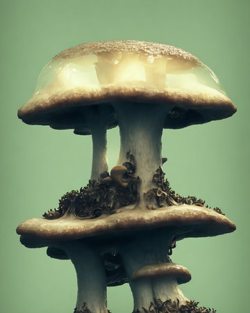 Close-up of a mushroom with green background. Toned.の素材