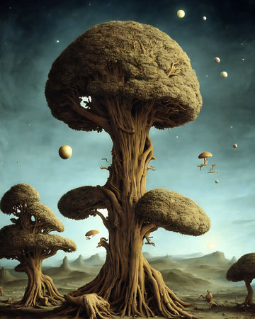Fantasy landscape with fantasy trees and planets. 3D illustration.の素材