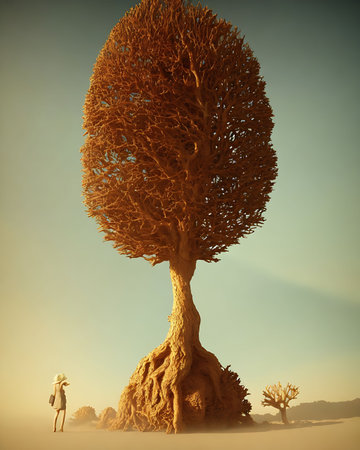 Surrealistic 3D render of a tree with a girl in the backgroundの素材