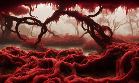 Fantasy landscape with red blood and tree roots. 3d renderの素材