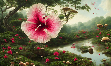 Pink hibiscus flower blooming in the garden,3d renderingの素材