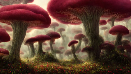 Fantasy landscape with mushrooms in the forest. 3D illustration.の素材