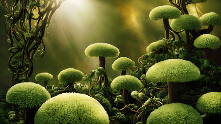 3d illustration of green moss in the forest with sun rays.の素材