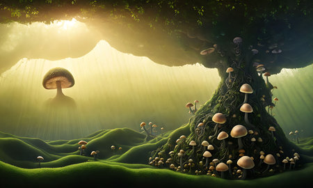 Fantasy landscape with mushrooms in the forest. 3D illustration.の素材