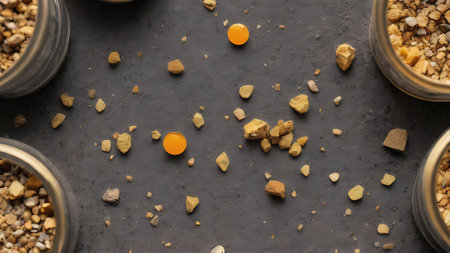 Close up view of small stones in pottery on black background.の素材