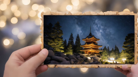 Hand holding a photo frame with chinese temple on bokeh backgroundの素材