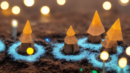 Christmas tree made of paper on the ground with bokeh backgroundの写真素材