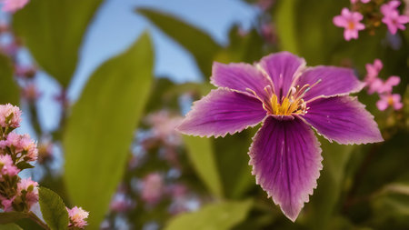 Purple clematis flower blooming in the garden with green leavesの素材