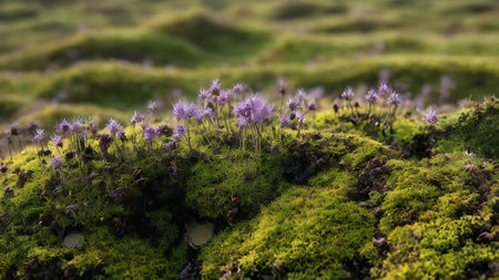 Purple flowers on a green mossy rock. Selective focus.の写真素材