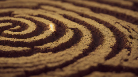 Conceptual image of a maze or labyrinth made of sand.の写真素材