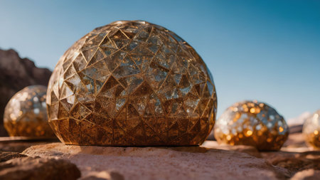 Beautiful golden christmas balls on the sand in the desert.の写真素材