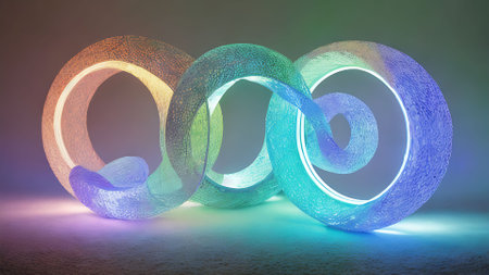 Glowing rings on a dark background. 3d rendering toned imageの写真素材