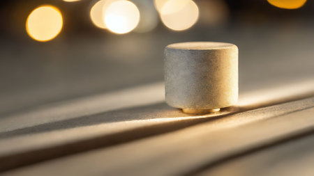 Blurred background with bokeh lights on a wooden surface.の写真素材