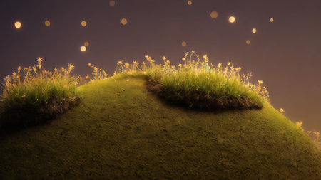 3d rendering of a grassy hill in the middle of the nightの写真素材