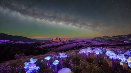 Mountain landscape at night with stars and aurora borealis.