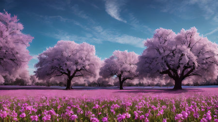 Fantasy landscape with pink flowers and old oak trees on the meadowの写真素材