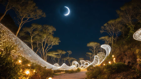 Christmas lights on the beach at night, beautiful long exposure photo.の写真素材
