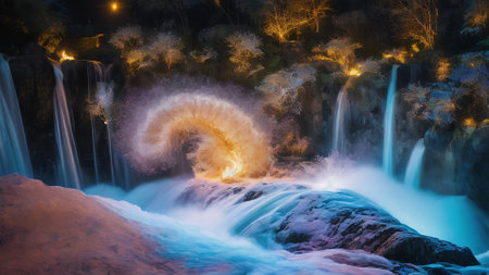 Waterfall at night in Krka National Park, Dalmatia, Croatiaの写真素材
