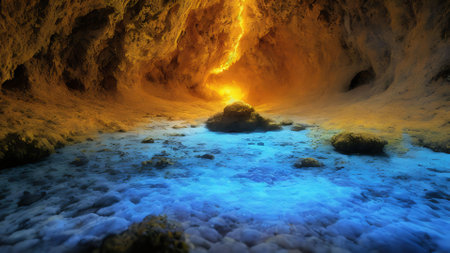 3D CG rendering of Dark cave with blue and yellow light insideの写真素材