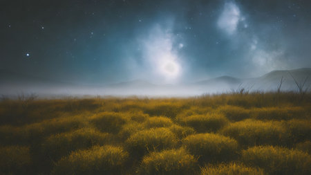 Foggy meadow in the mountains at night with starry skyの写真素材