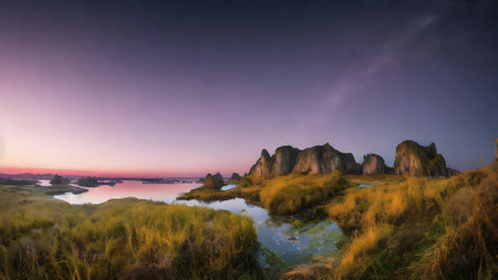 Fantasy landscape with rocks and lake at sunrise. 3D renderingの写真素材
