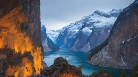 Beautiful panoramic view of the lake and mountainsの写真素材