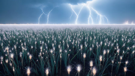 Lightning strike in the field of grass at night. 3d renderingの写真素材