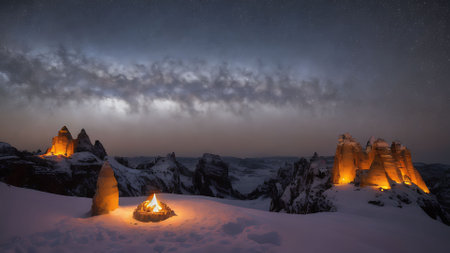 Fantastic winter landscape with a bonfire in the mountains.の素材