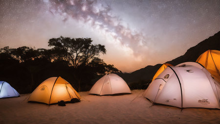 Camping tents on the beach at night under the starry skyの素材