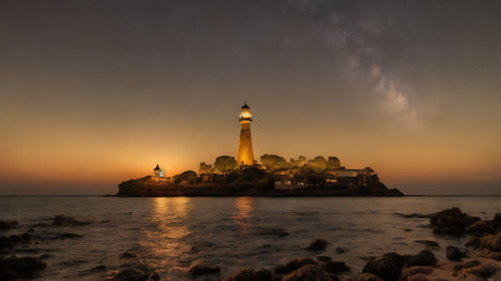 Lighthouse on the island in the middle of the sea at sunsetの素材