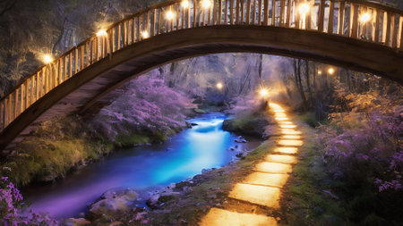 Wooden bridge over the river at night with purple flowers in full bloomの素材