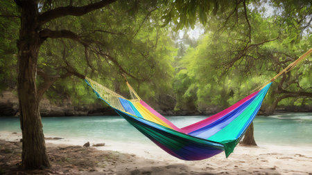 Hammock in the shade of a tree on a tropical beachの素材