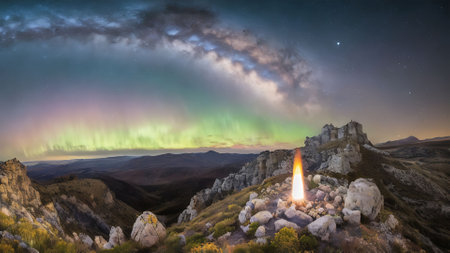 Aurora borealis or northern lights over rock in the mountainsの素材