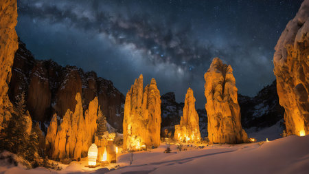 Night view of Caves in winter with stars and milky wayの素材