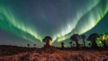 Aurora borealis, northern lights over a tree in the desertの素材