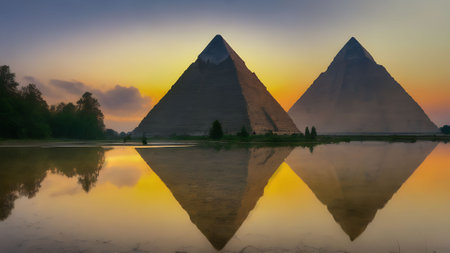 Sunset view of Great Pyramid of Khafre and Pyramid of Khafre near Cairo, Egyptの素材