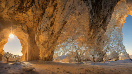Sunrise in the cave. Winter landscape with a view of the natureの素材