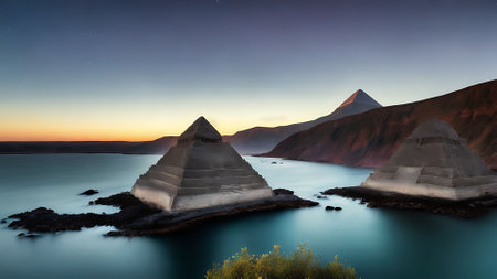 Fantasy alien planet. Mountain and lake. 3D illustration.の素材