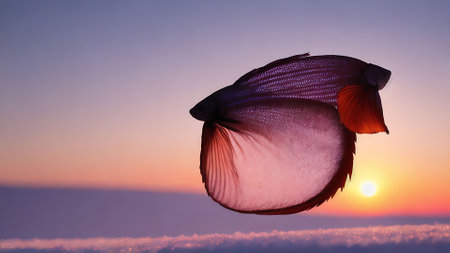 Close-up portrait of a fighting fish on the background of the sunsetの素材
